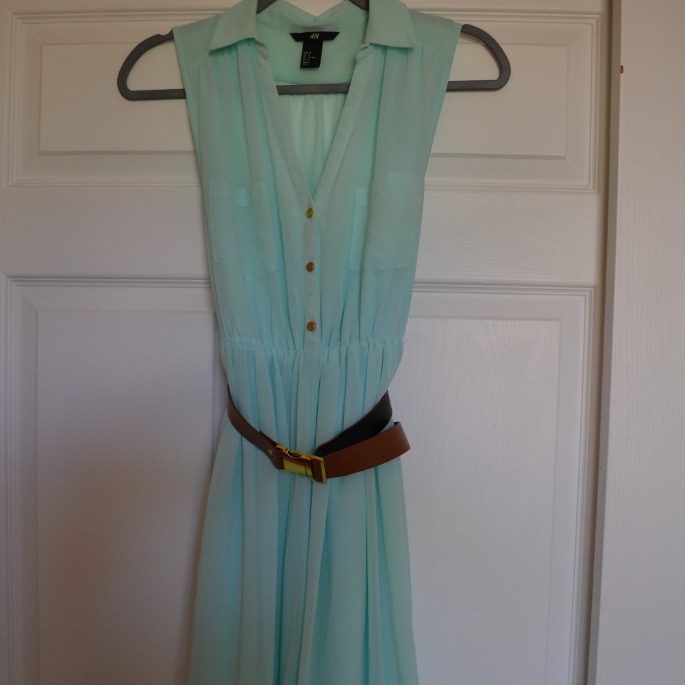 Light teal flowing dress w/ brown buckle belt